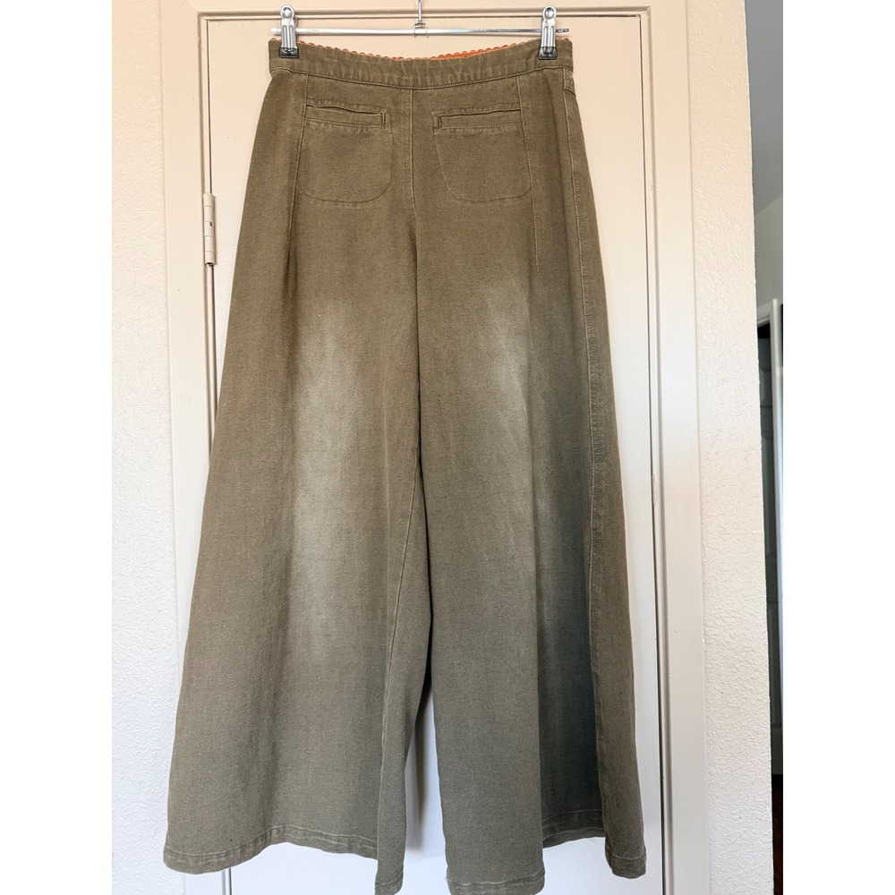 Citron Bleu EUC Lagenlook Wide Leg Pants Olive Green Orange Scallop Waist Small
